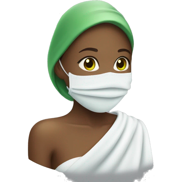 Girl with a white towel on her hand and the green mask on her face emoji