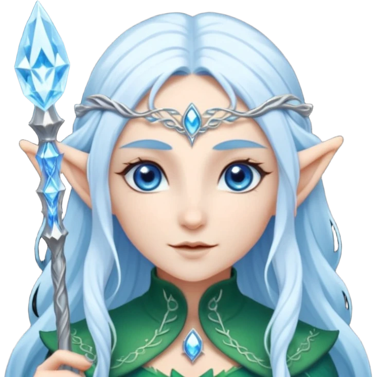 Legendary fantasy Christmas elf portrait icon, Santa Claus and Snow Maiden inspired, ancient winter spirit style, long flowing white-blue hair, glowing frost eyes, crystal staff, elegant elven features, divine winter magic aura, icy silver color palette, highly detailed but clean emoji icon emoji