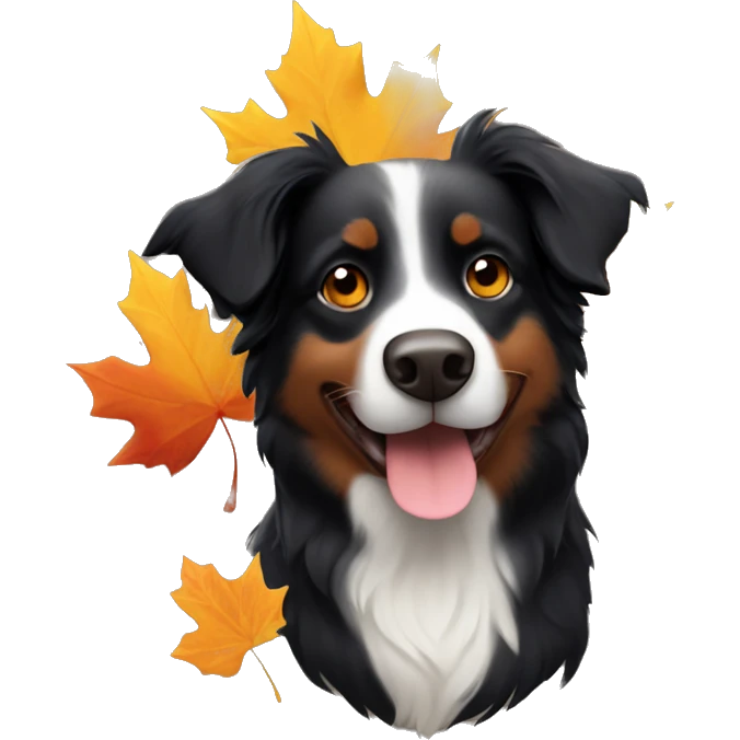 Small black australian shepherd dog wearing autumn leaves emoji