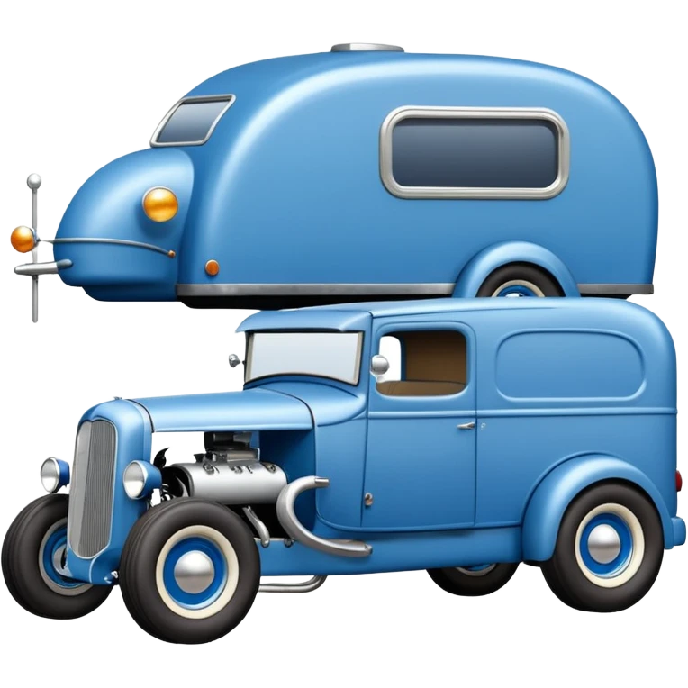 A rat rod 1934 hot rod caravan pulling a large matching trailer, blue and pearl  emoji