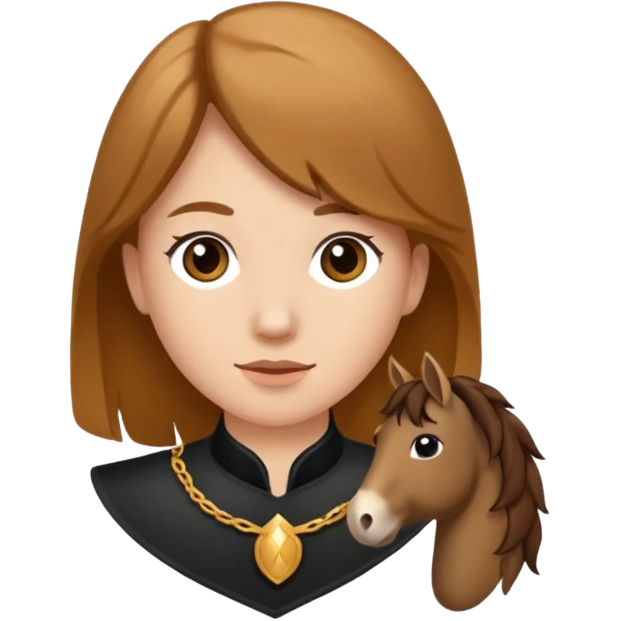 Ein braunhaariges Mädchen mit langen glatten Haaren und sitzend auf einem Braunen Pferd mit schwarzer Mähne  emoji