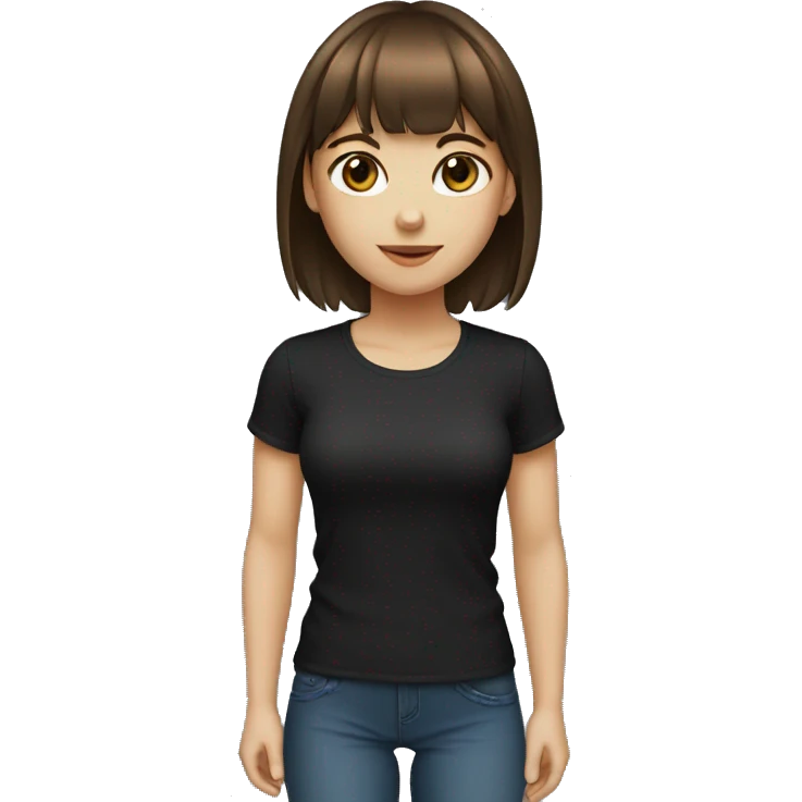 A girl with short brown hair with bangs, brown eyes, black T-shirt, fair skin. Works as a designer emoji