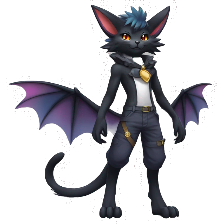 cool edgy anthro godly colorful ethereal black fantasy beautiful elegant nargacuga-Noivern-cat-Fakemon wearing a collar, cargo pants, full body emoji