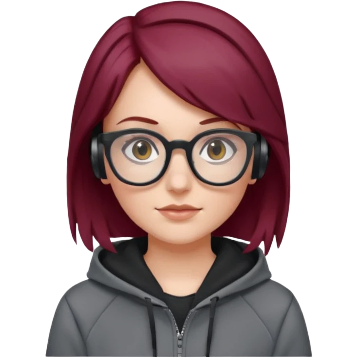 white girl with burgundy hair, gray squared-glasses, black deportive hoodie and black headphones emoji