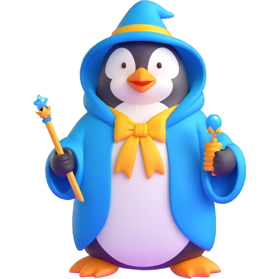 penguin wizard with a blue robe and sparkly wand emoji