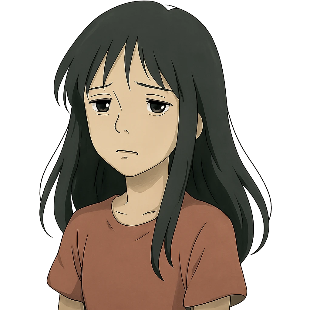 pale girl with long black hair, sad expression, emotional, ghibli style emoji