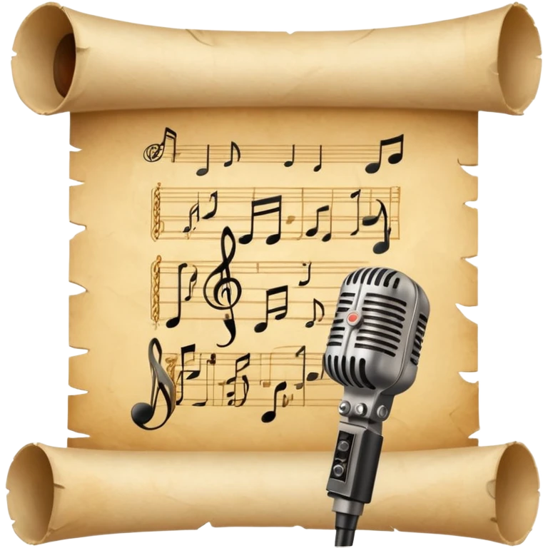 unrolled ancient parchment with curled corners, illustrations of routes and small musical icons such as notes, microphone, speaker, representing growth of an independent musical artist, no text emoji