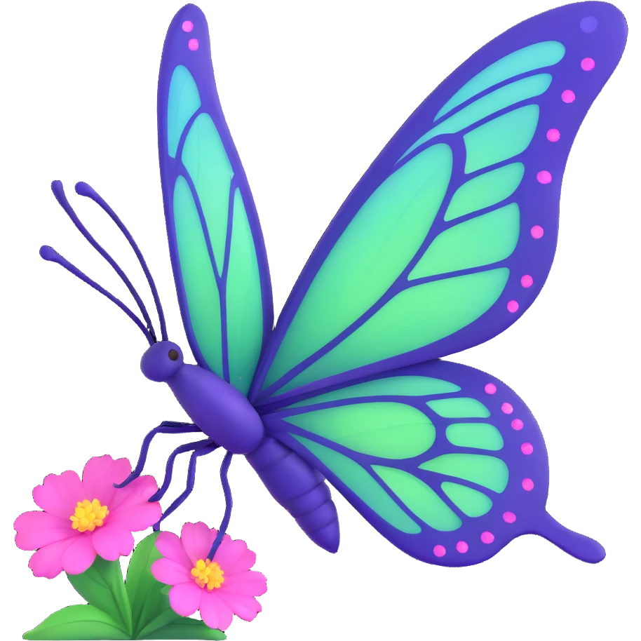 elegant fantastical butterfly with luminous #c0ff53 green wings, purple trim, intricate veins, magical sparkles and floating particles, deep blue body, pink flowers on wing edges, 3D cartoon style emoji