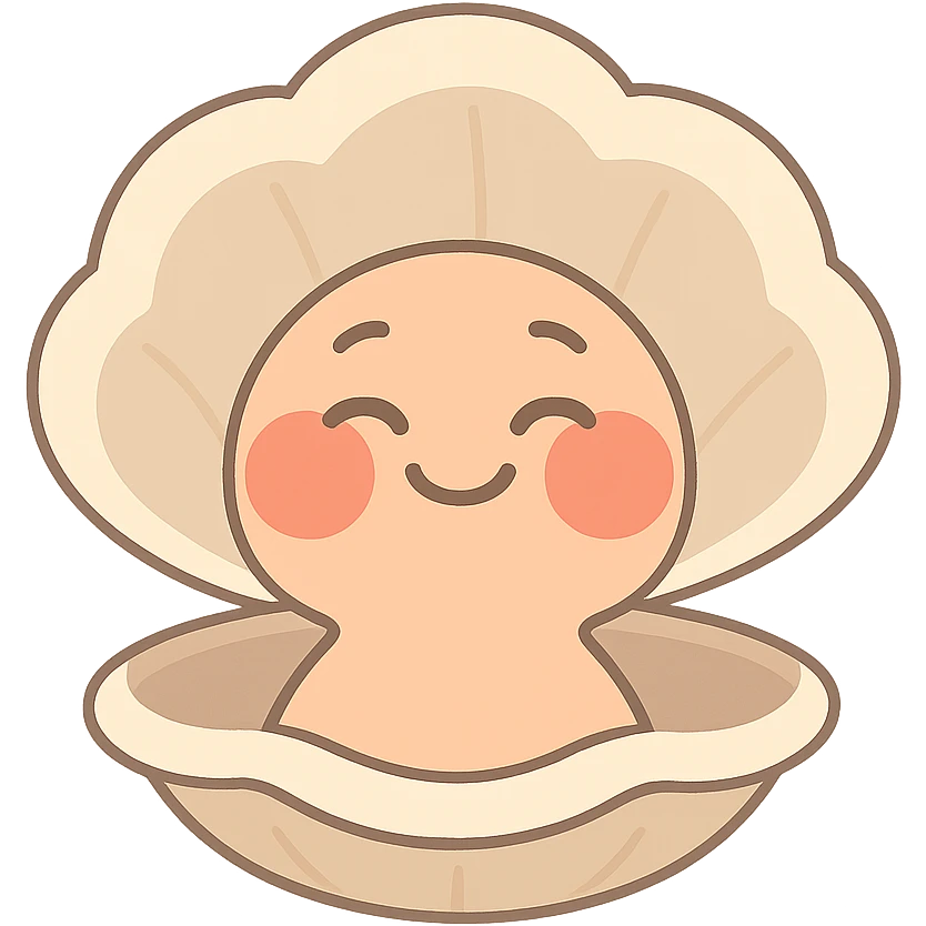Create a cute oyster with a kind but affirmed expression, very red cheeks, using cream, peach, and greige colors. The style should be pastel toon. Make the background transparent. emoji