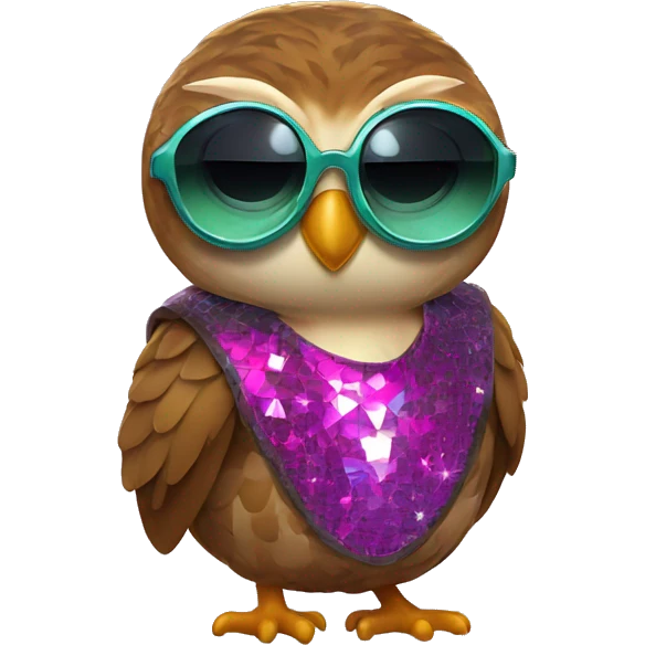 a rowlet brown owl emoji with sunglasses and a 80s disco outfit on emoji