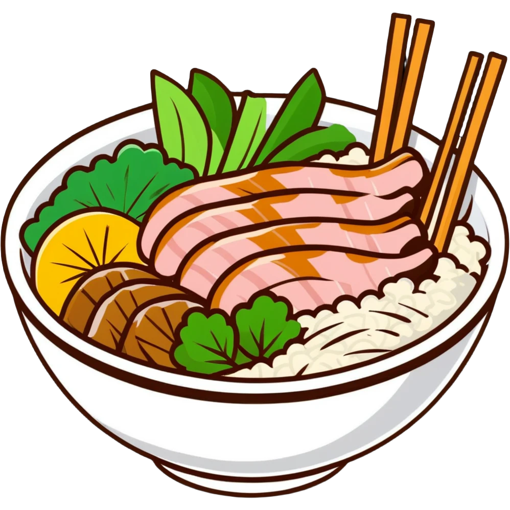 A Vietnamese Bún Thịt Nướng dish with rice noodles, grilled pork, fresh herbs, and vegetables in a bowl emoji
