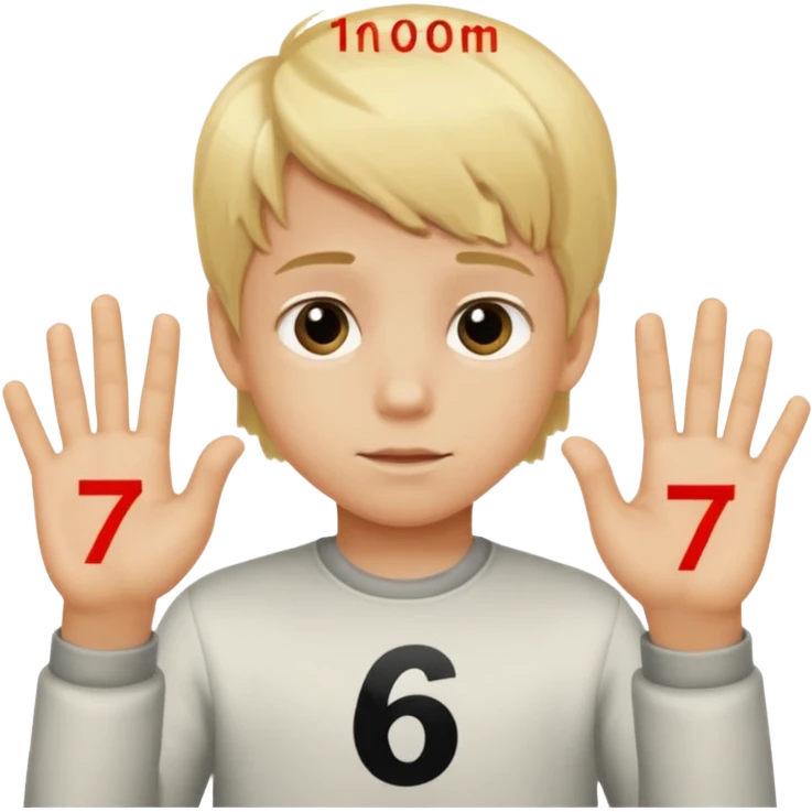 Blonde kid with numbers 6 and 7 on his hands emoji