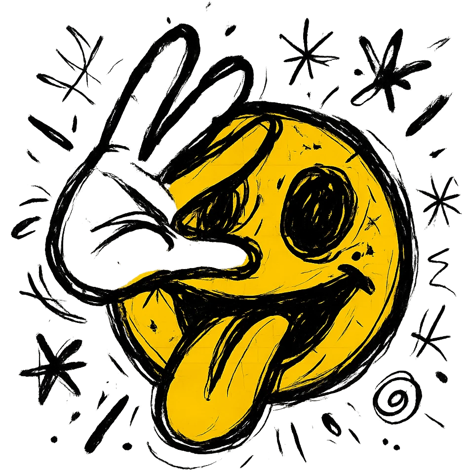yellow emoji face sticking out tongue, one hand covering both eyes, fingers splayed, playful and silly emoji