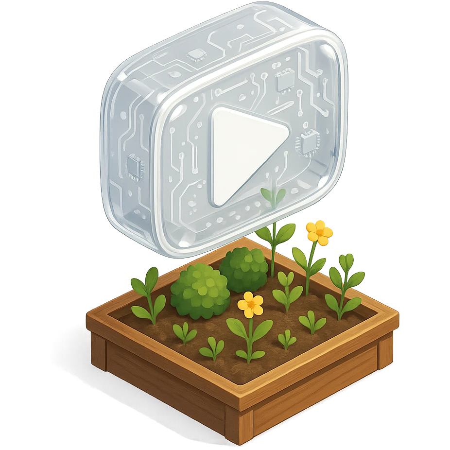 white YouTube play button inside a garden box emoji