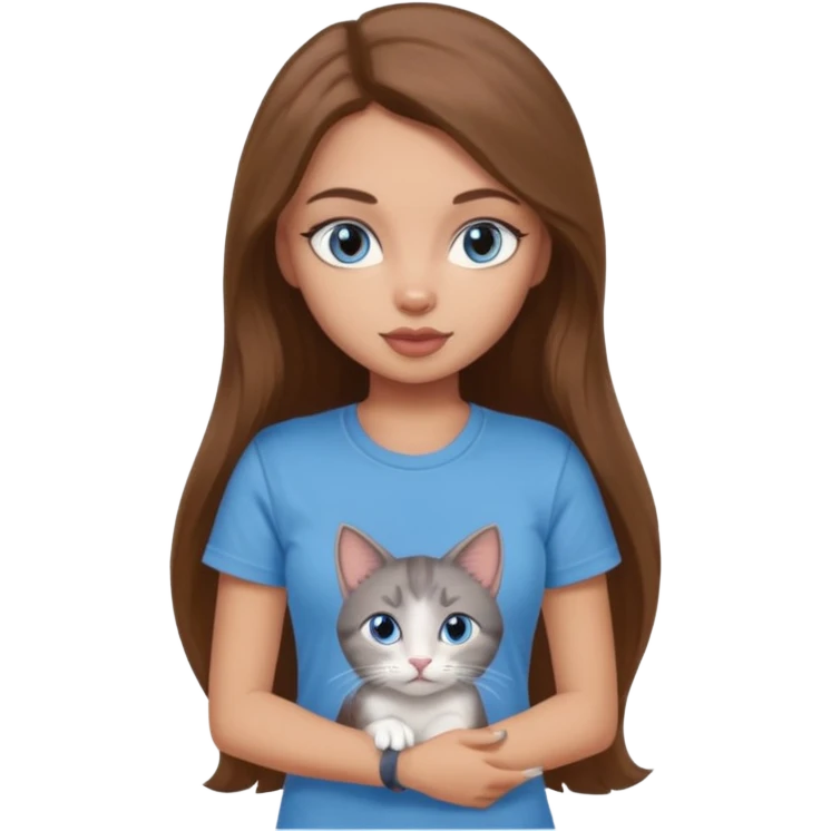 a pretty bratz dusky light skin girl with long brown hair, blue eyes with six cats nd wearing a grey tshirt emoji