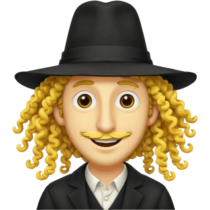 Jewish guy ,yellow skin ,very long nose ,black hat with 2 strands of curly hair coming down each side of the hat emoji