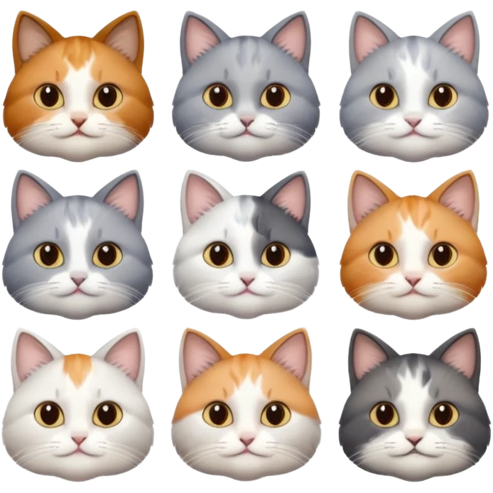 6 realistic looking cats with different natural coloured coats, assorted grey and white, greys, calico, brown and white colours etc
 emoji