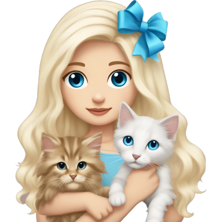 pale blonde girl with long platinum white wavy hair with bright blue eyes and wearing a light pink hair bow holding a beige long haired main coon kitten also wearing a hair bow emoji