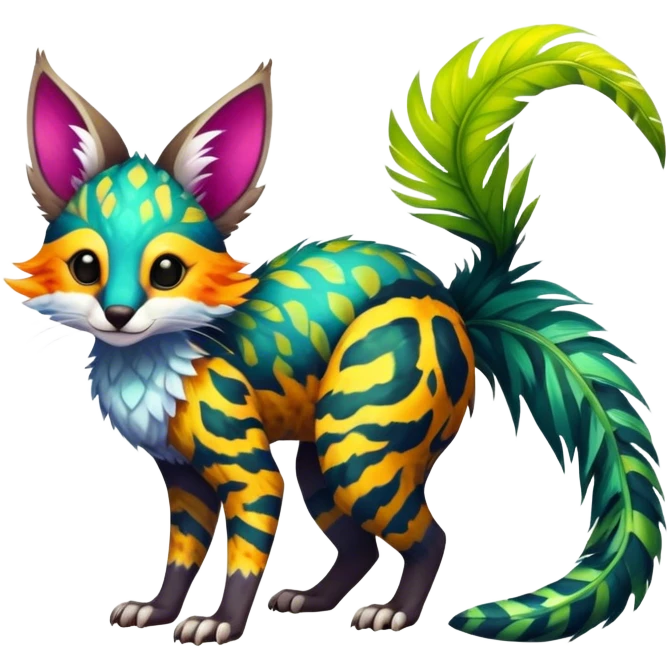 Feral Rare Fantasy vibrant colorful tropical Vernid-Trico-species by LiLaiRa, random markings, tufted tail, tufted ears, full body emoji