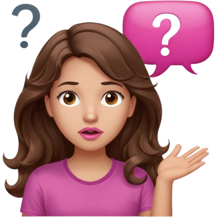 girl with long wavy brown hair, brown eyes, light to medium complexion, in a pink shirt, pink lips, long lashes, shugging, question mark one speech bubble emoji