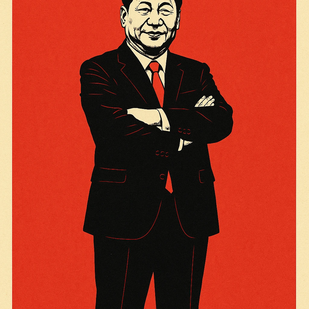 full-body portrait, Xi Jinping lookalike, arms crossed, black suit, red tie, centered, bold poster style, plain background emoji