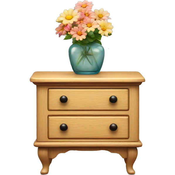 vintage night stand, light wood, vase with flowers on top emoji