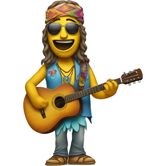 anthropomorphic hippie-guitar showing a sign of peace emoji
