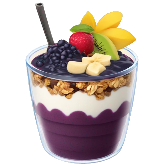 Açaí in a clear cup with layers of fruits and granola and condensed milk emoji