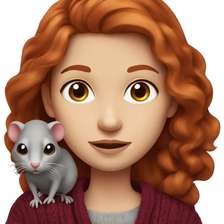 redhead girl with grey eyes with long hair and Dyson styling in a burgundy sweater and a rat on her shoulder emoji