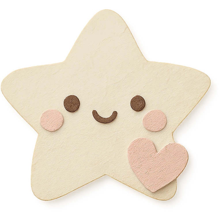 Cute pastel white star with a tiny pastel heart, no limbs, full body, transparent background, in kawaii paper craft style. emoji