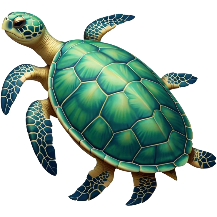 Cinematic Noble Sea Turtle Portrait Emoji, Poised and wise, with a majestic, domed shell adorned with rich, textured patterns and a smooth, ancient body gliding gracefully through the water, deep, reflective eyes exuding calm wisdom, Simplified yet sharp and sophisticated features, highly detailed, glowing with a soft, oceanic glow, high shine, intelligent and graceful, stylized with an air of timeless marine majesty, focused and serene, soft glowing outline, capturing the essence of a watchful and confident sea guardian that appears ready to glide out of the screen with effortless authority! emoji