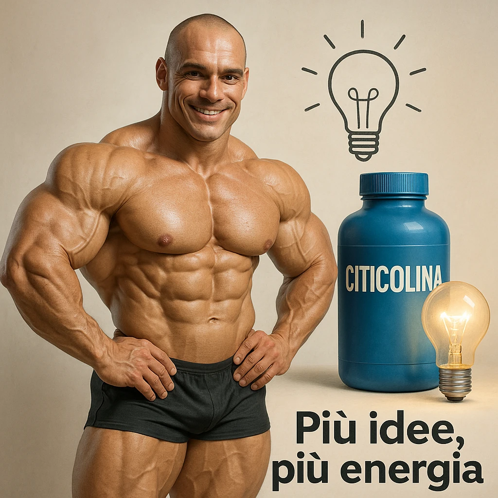 hyper realistic bodybuilder with Citicolina and lightbulb symbol, sculpted muscles, blue bottle, lit lightbulb next to it, text 'Più idee, più energia', creative atmosphere, light background emoji