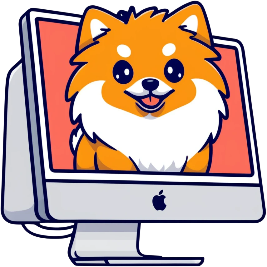 iMac monitor with a Pomeranian dog photo displayed on screen emoji