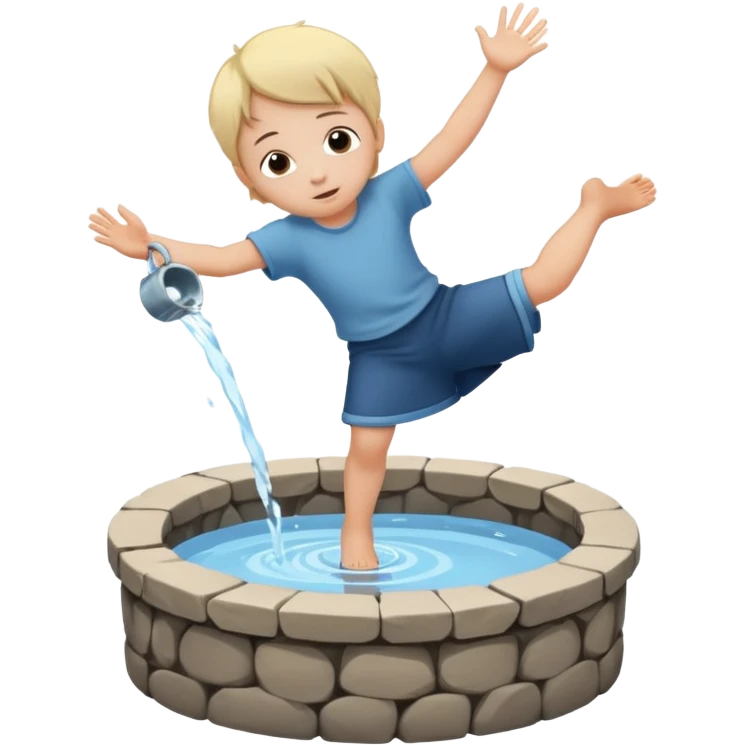 Create a clean emoji-style icon showing a small child falling into a round stone water well. The well must be clearly recognizable: circular stone rim, dark opening. Show the child mid-air, tilted downward above the well with simple motion lines. emoji