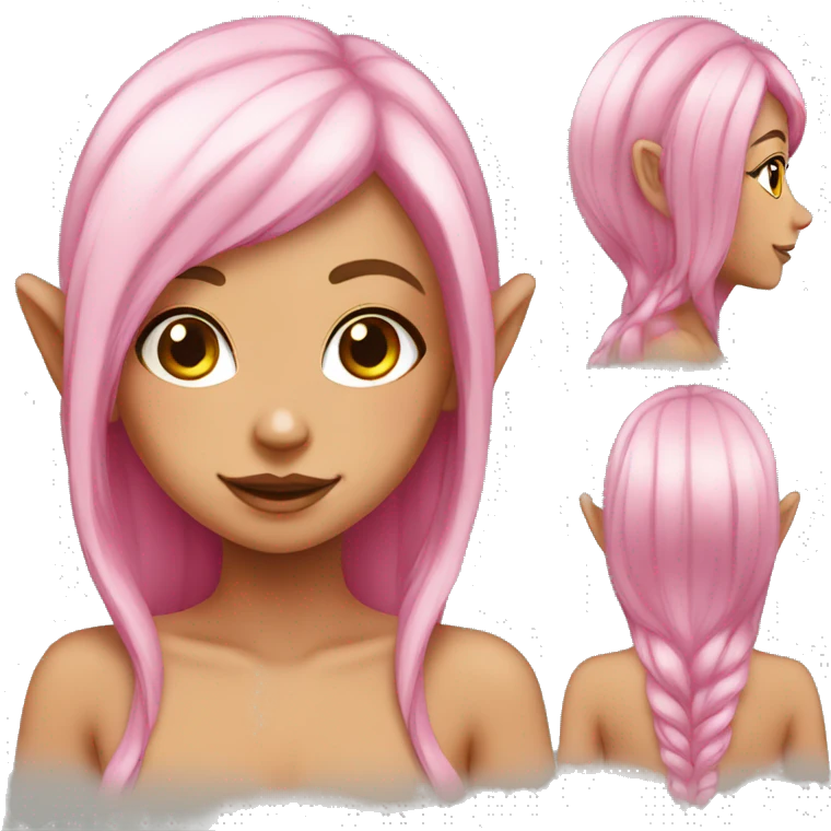 tan skinned elf girl with pink hair and white eyeshadow emoji