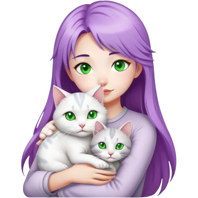 a purple hair Asian girl with white skin, hug a silver&white highland cat with green eyes emoji