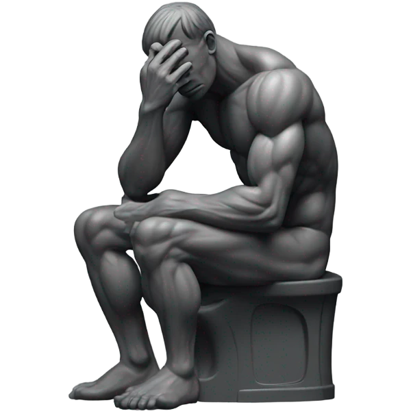 rodin sculpture the thinker but he's sitting on a toilet which is the same dark gray color as the man, and his head is resting forward on the top of his right hand emoji