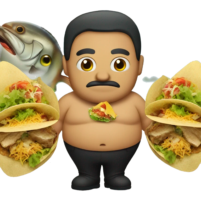 fat mexican with tacos with a fish in the background emoji