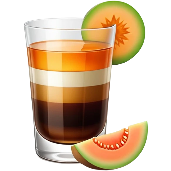 small clear glass with layered carajillo drink - amber liquor on bottom, dark coffee on top, with a slice of cantaloupe melon on the side emoji