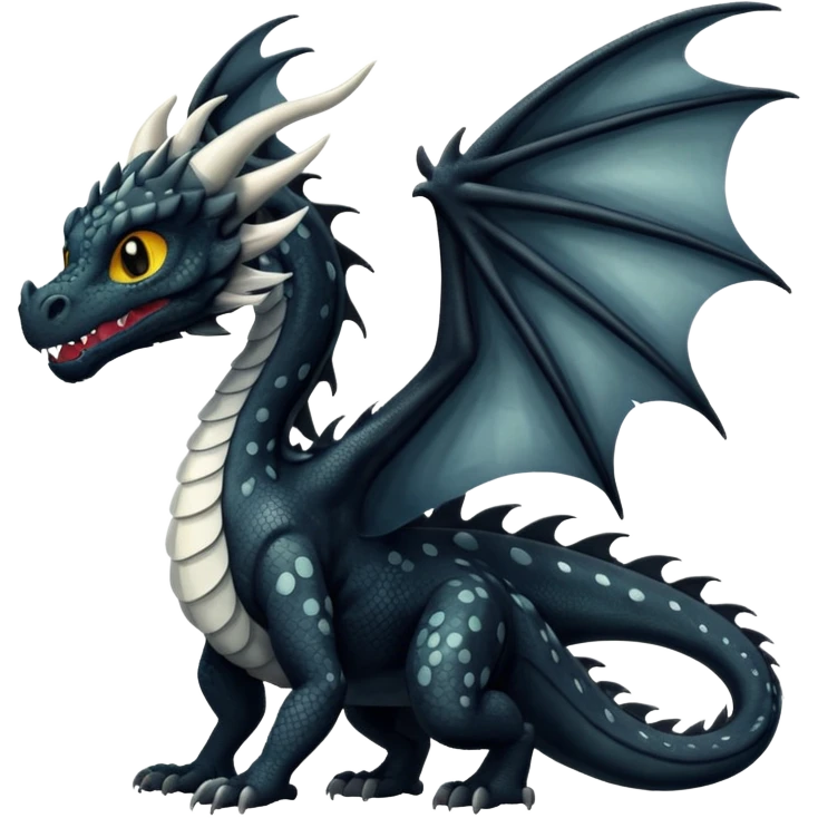 A dragon that is  black 🖤 with white spots. HUGE wings and a tail. Also realistic  emoji