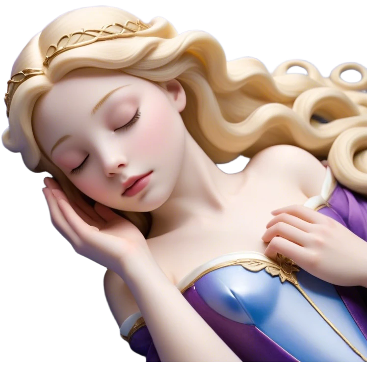 Cinematic Realistic Sleeping Beauty (Aurora) Portrait, with porcelain-like skin featuring a natural rosy flush, illuminated by soft lighting that highlights the gentle contours of her face. Her golden blonde hair flows in soft, detailed waves with subtle highlights that shimmer in the light. Her deep violet-blue eyes radiate warmth and innocence, framed by arched brows and long lashes. With a soft, serene smile, she holds a delicate rose gently in one hand, her other hand resting lightly by her side. She is dressed in her classic pink gown, the fabric rich in texture with delicate folds that catch the light. A golden crown rests atop her head, gleaming with royal refinement. The portrait captures a soft, glowing aura, blending realism with an ethereal sense of beauty and timeless enchantment. emoji
