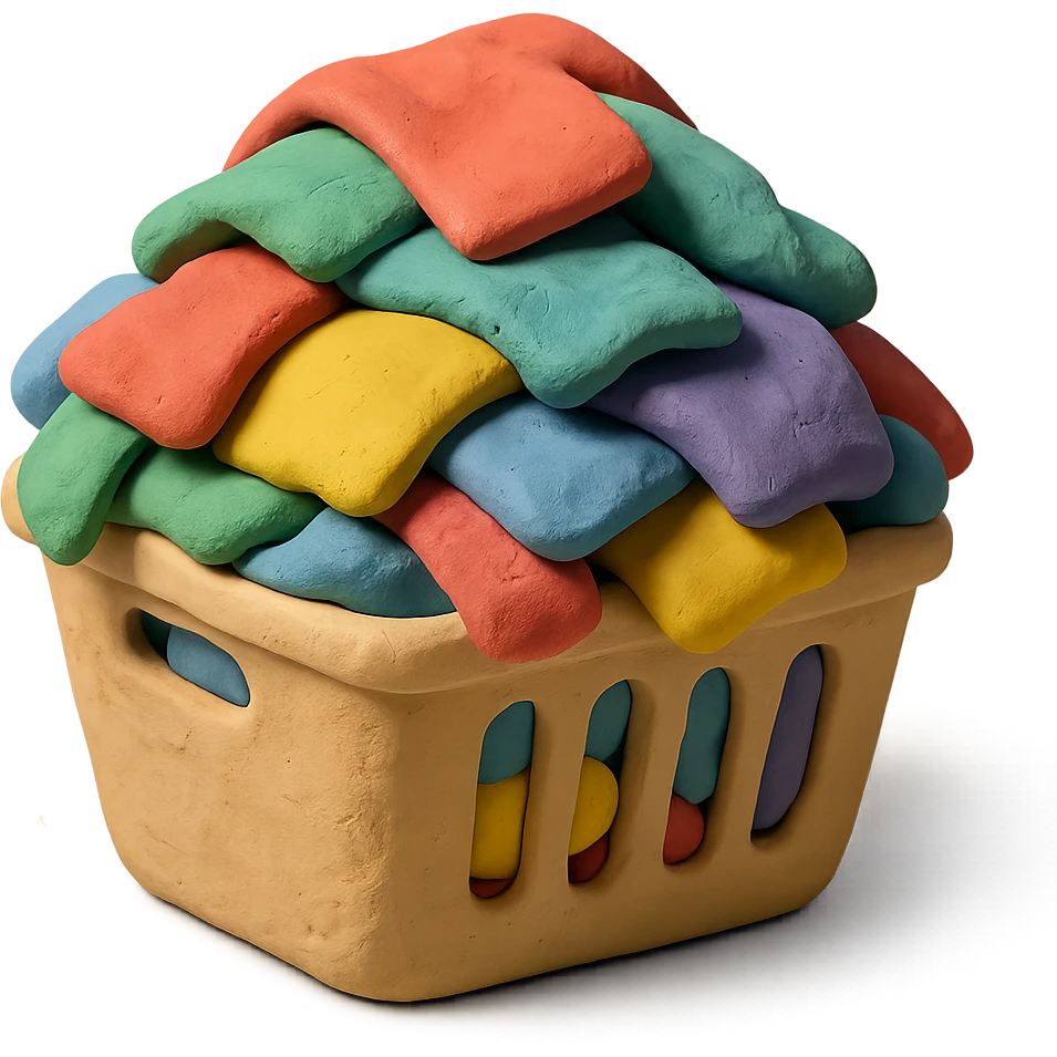 laundry basket filled with colorful clothes, visible fingerprints, soft lighting, claymation style emoji