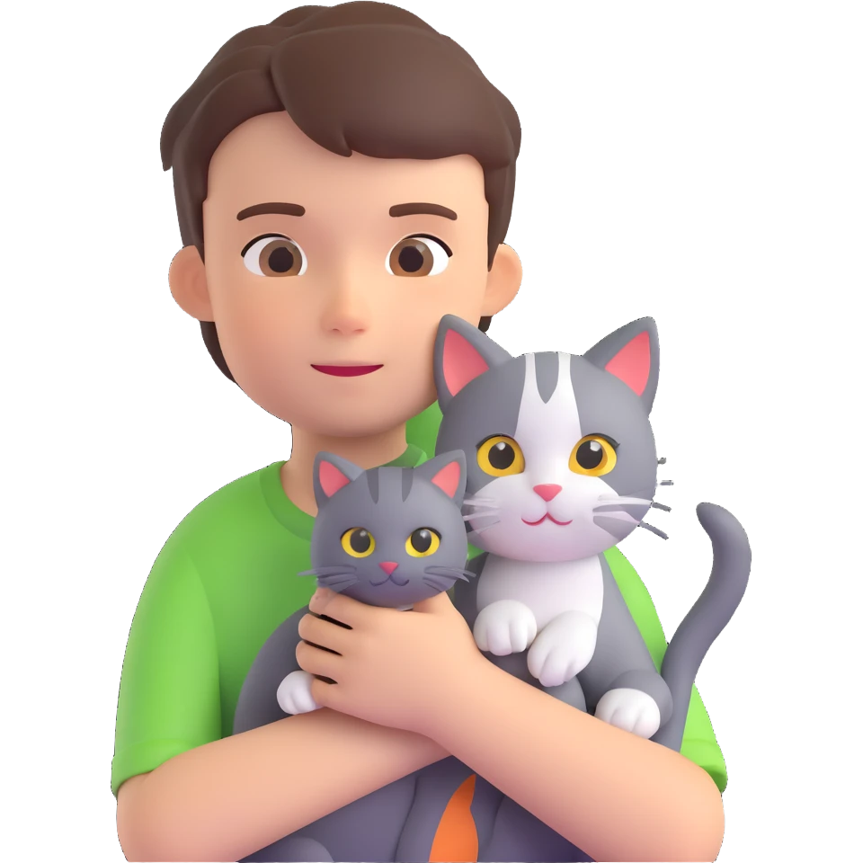 boy and cat pet in forrest background, close up pose emoji