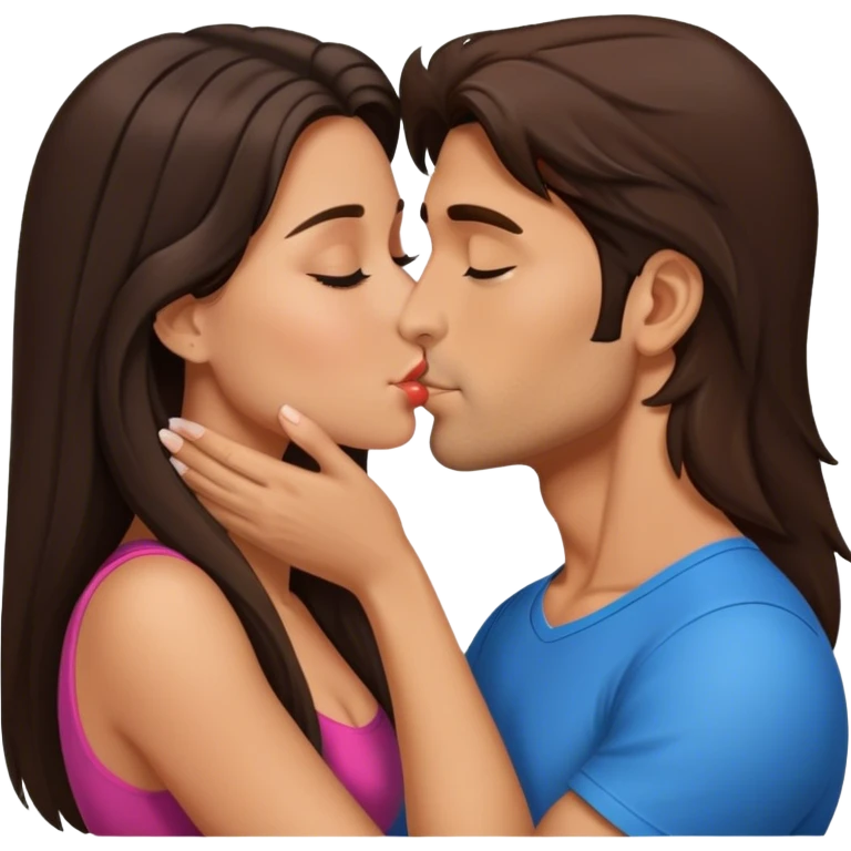 Brunette man with kissing brunette woman with long hair emoji