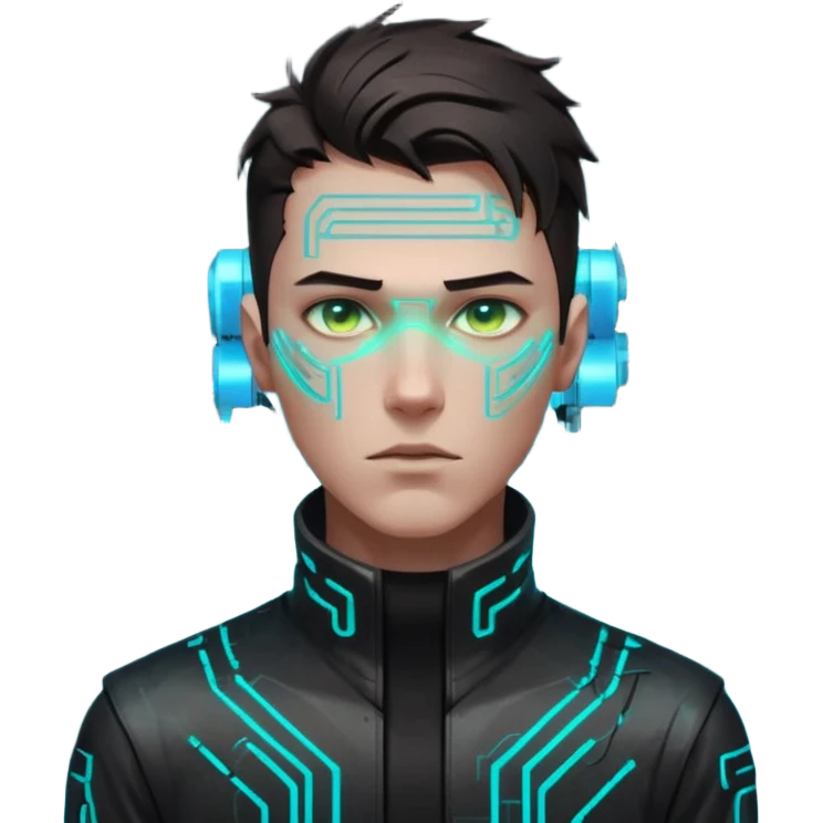 Cyberpunk male head, messy dark hair, glowing circuit patterns tracing from neck to temple, eyes reflecting shifting neon code, clean-shaven, futuristic minimalist aesthetic. emoji