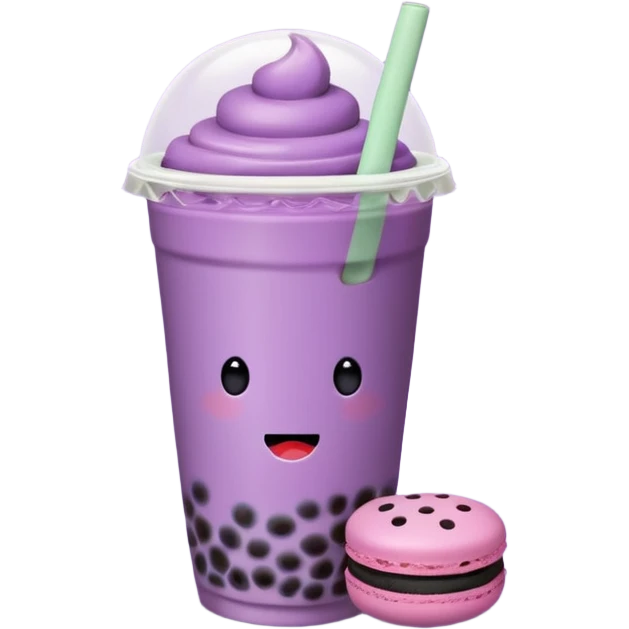 purple bubble tea emoji with a macaron on the side, no face, classic emoji look emoji
