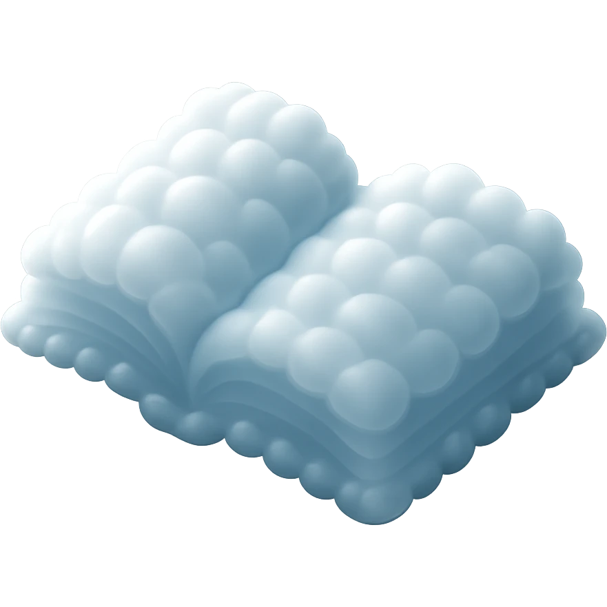 top view of a thick open book made entirely of small, very bright white fluffy convex clouds, matte glass style emoji