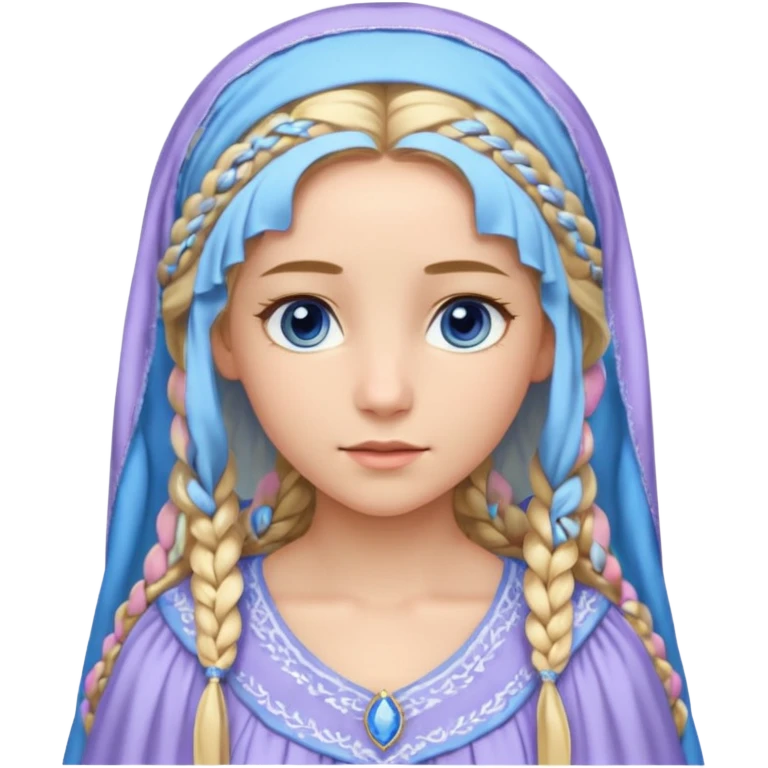 Joven de unos 30 años, de aspecto dulce, elegante.
Piel clara, ojos (pueden ser azules o verdes)
Rubio o castaño largo, con trenzas.
Vestido largo de tonos suaves (blanco, azul o lavanda), con bordados dorados; un manto o toca fina cubriendo la cabeza. Que se vea todo el cuerpo de pies a cabeza emoji