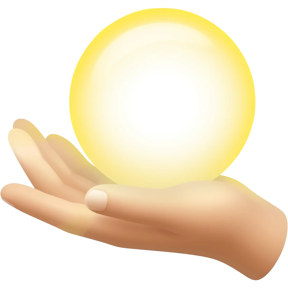 do the same as shown above but make the light more yellow with white in the center of the ball, fade the ball on the edges and make the beams extend beyond the hand, also make the beans more yellow with white in the center emoji