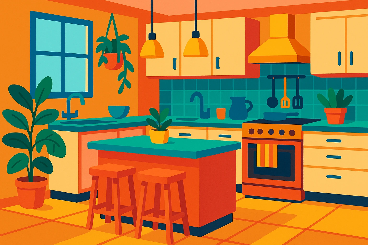 kitchen room with island counter, hanging lights, and plants in a vibrant toon style emoji